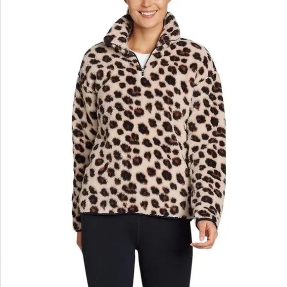 Eddie Bauer Sweater Women's Size XS Beige Leopard Print Teddy Sherpa 1/4 Zip - Picture 4 of 8